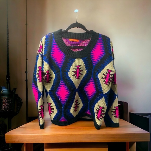 Lulumari Aztec Tribal Knit Sweater Pink Blue Cream One Size - Picture 2 of 12